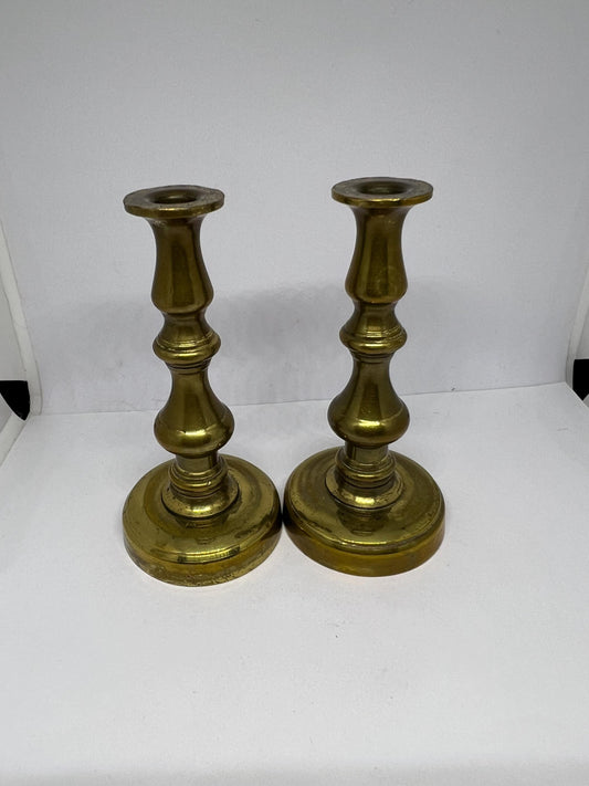 Vintage small brass pillar taper candle candlesticks. Miniature brass candle holders. Brass lovers gift.