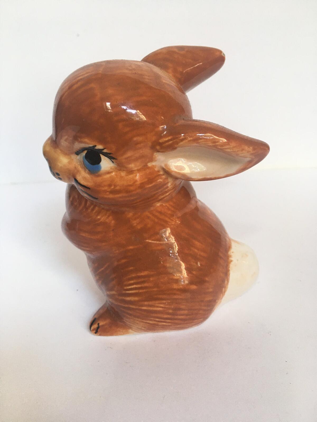 Vintage ceramic doe-eyed rabbit. Cute hand painted bunny figurine.