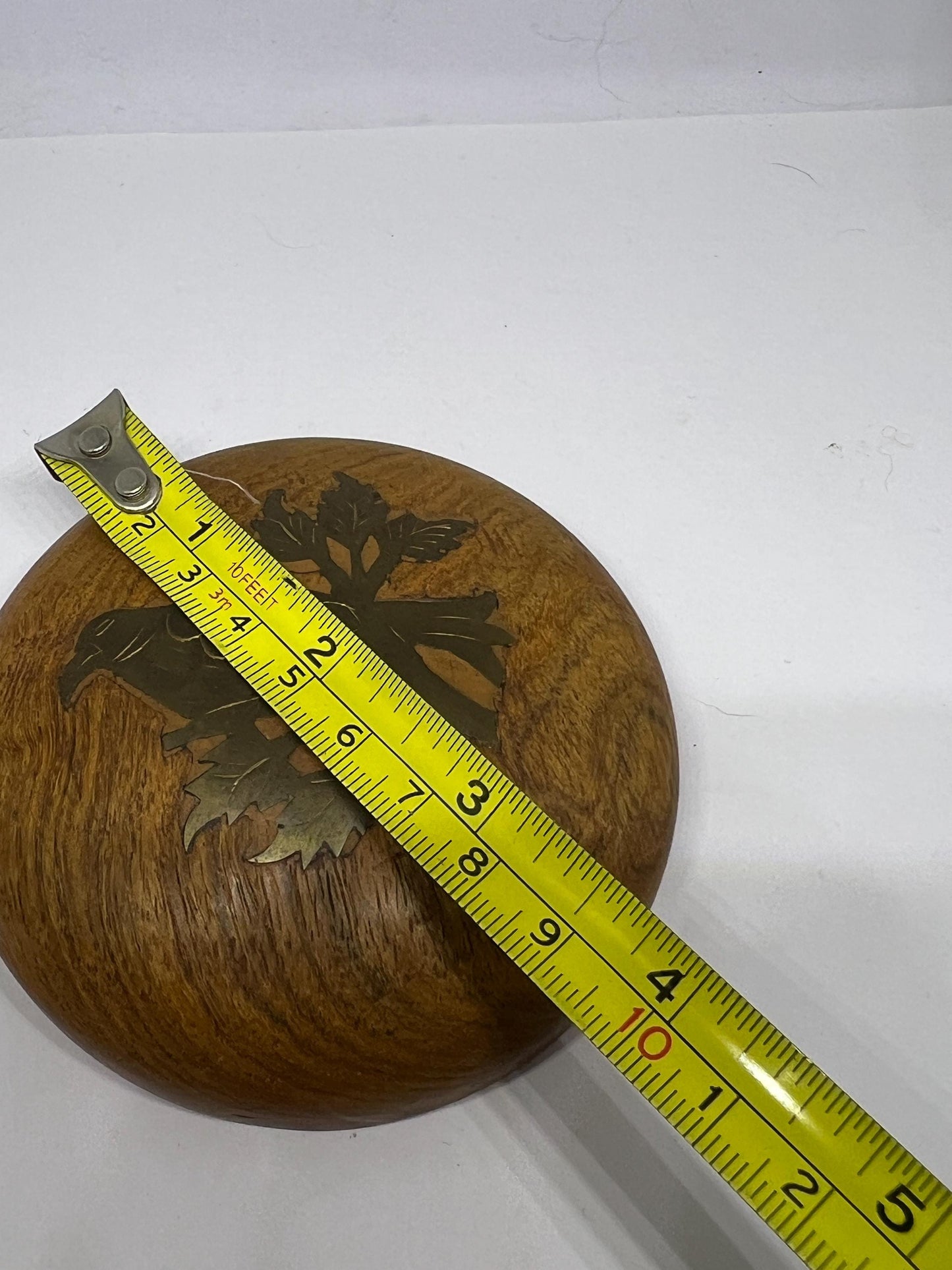 Vintage wooden paperweight Brass inlaid bird on round wood paper weight Folk art brass parrot Made in India Bird lover gift for Home office.