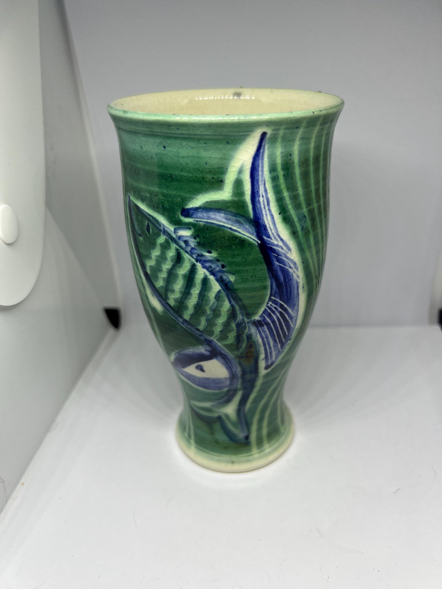 Studio pottery flower vase Green glaze hand decorated fish design Stamped Pauline's Pottery Handmade.