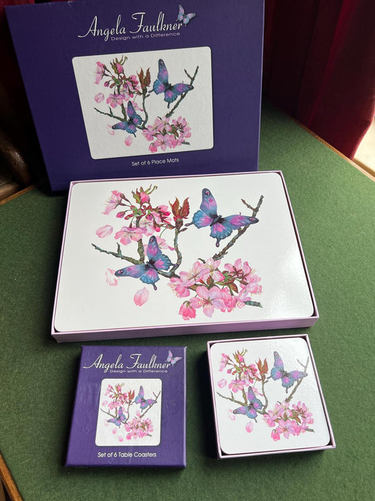 Vintage floral butterfly placemat coaster set. Angela Faulkner Designs 2011. Boxed matching set. Vintage home decor.