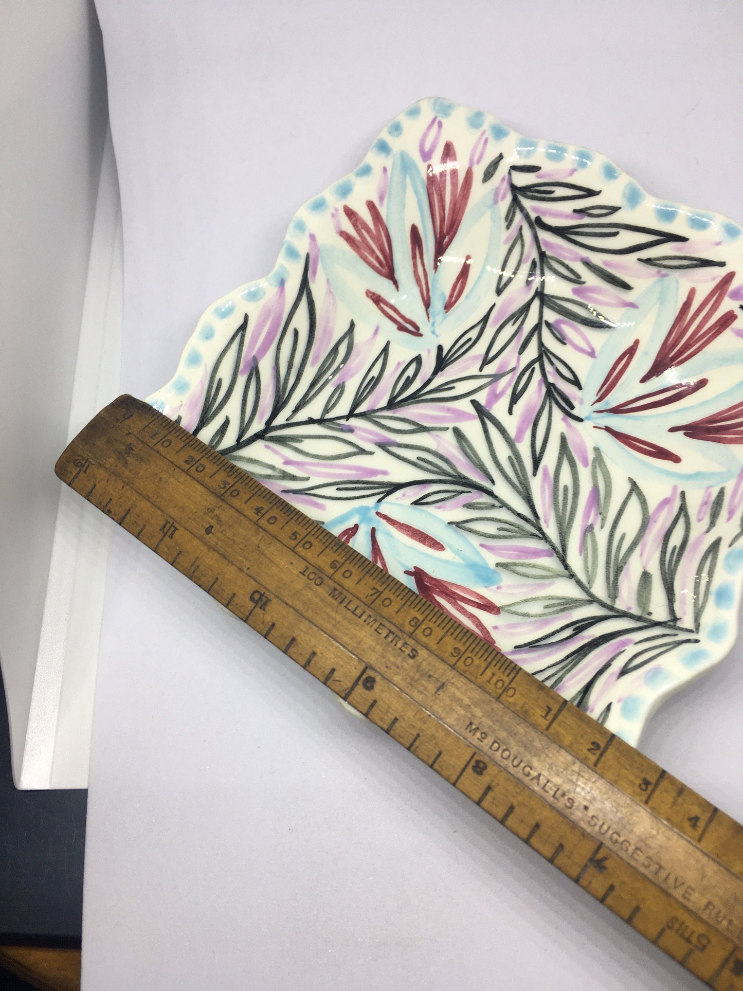 Unusual square trinket dish. WR Midwinter. Ruffled edge. Leaf pattern.