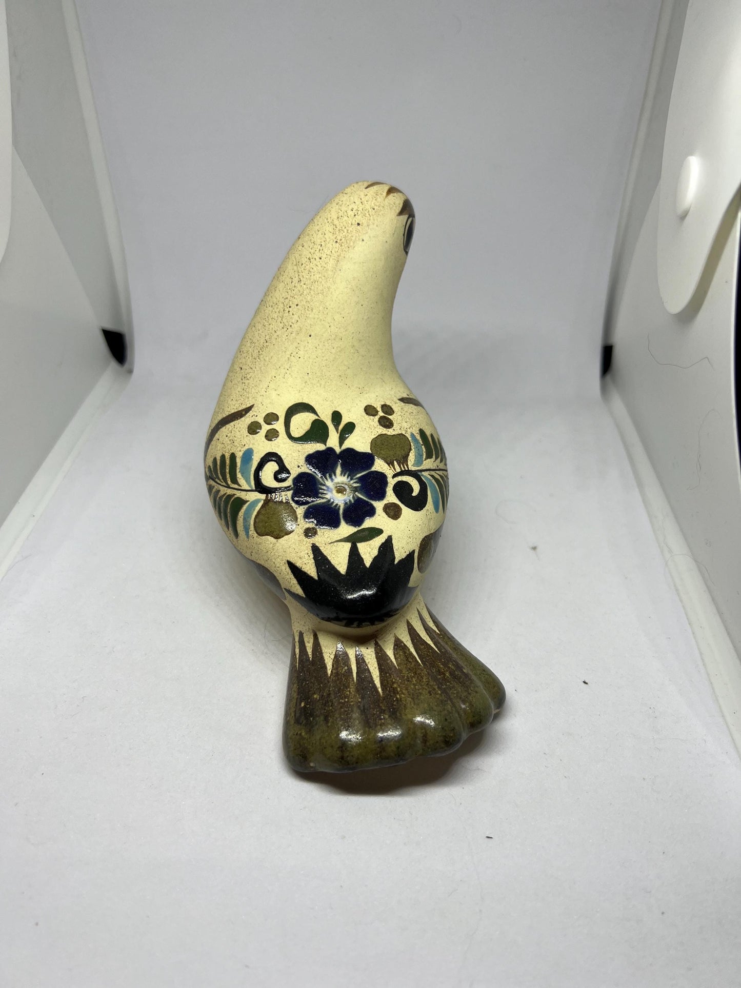 Tonala Mexico stone ware hand painted bird ornament Signed RS Mexico.