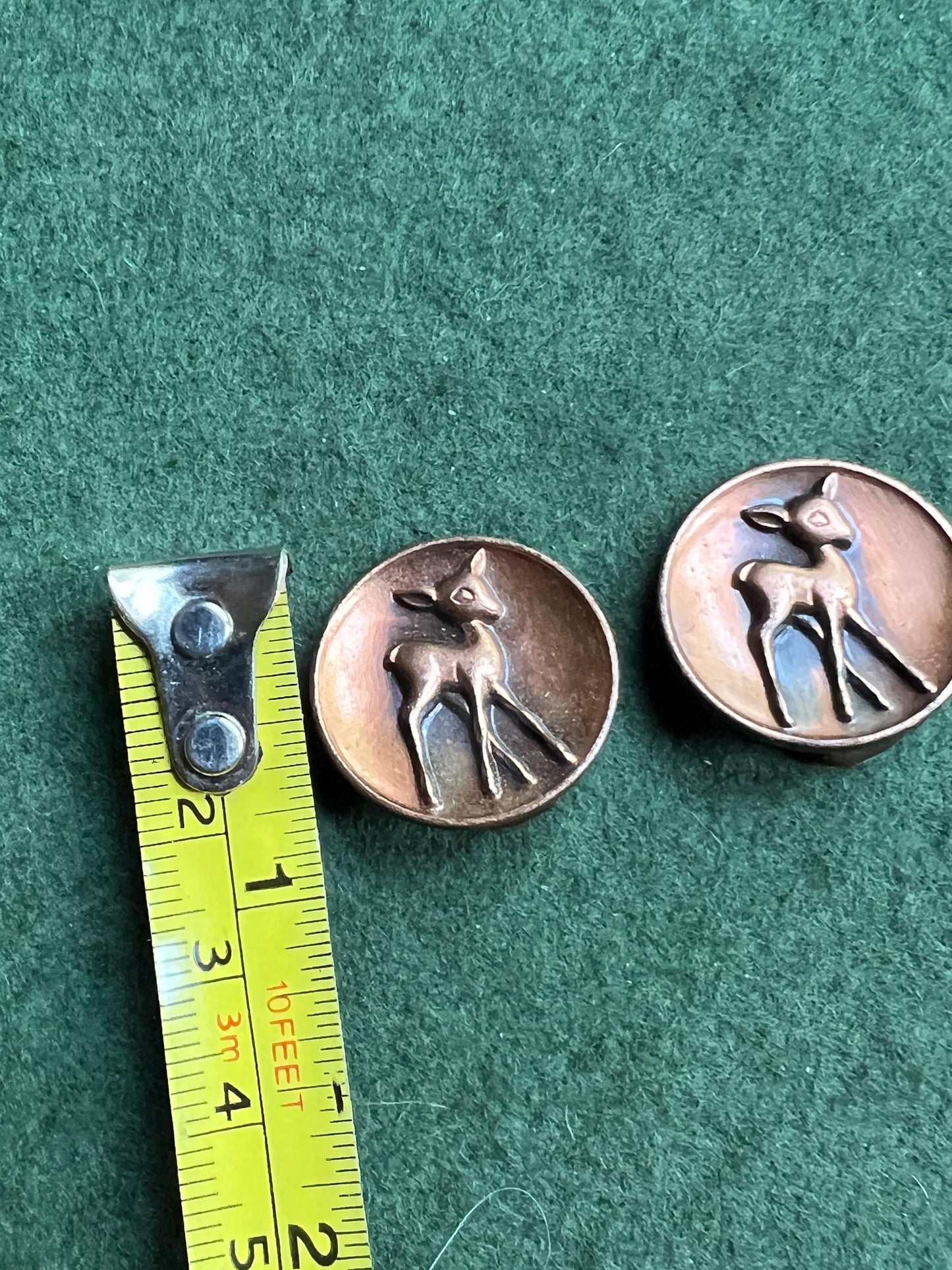 Vintage copper earrings. Clip on round deer foal earrings.