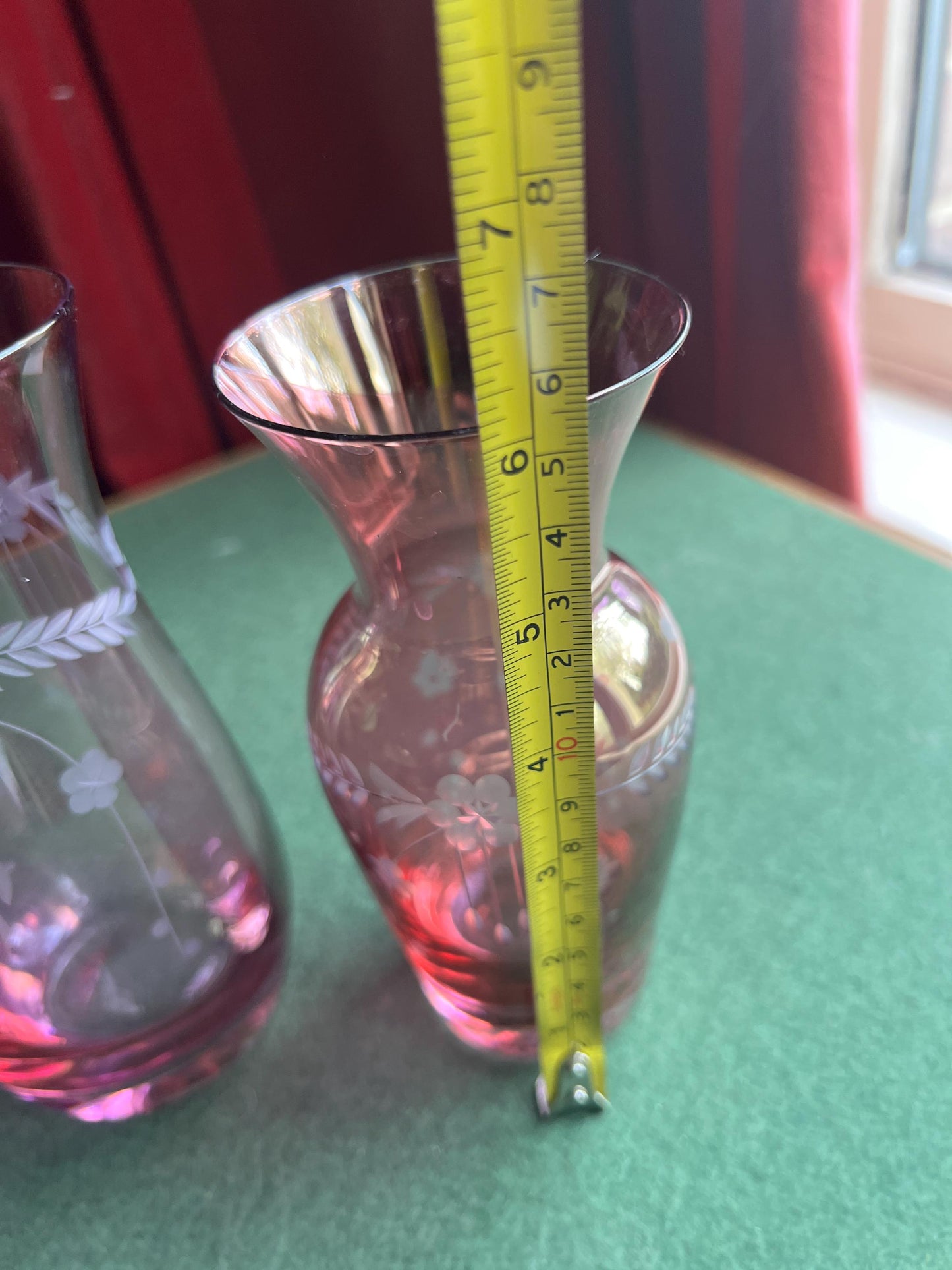Bohemian Cranberry glass cut to clear decorative posy vase. 2 available.
