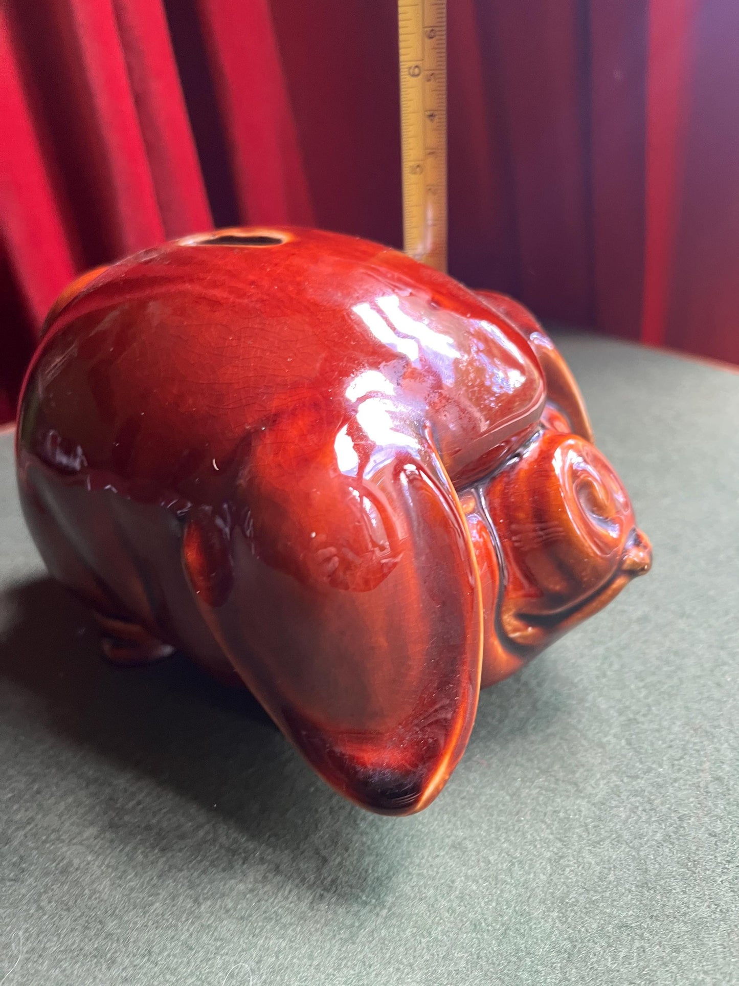Vintage Piggy Bank 1970s treacle glaze grumpy faced pig figurine. Dartmouth Pottery.