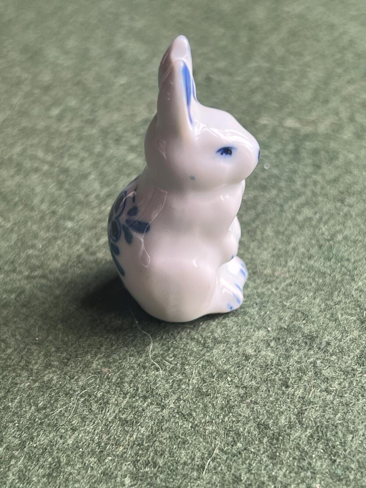 Miniature ceramic bunny figurine. Blue white delft style hand painted rabbit.