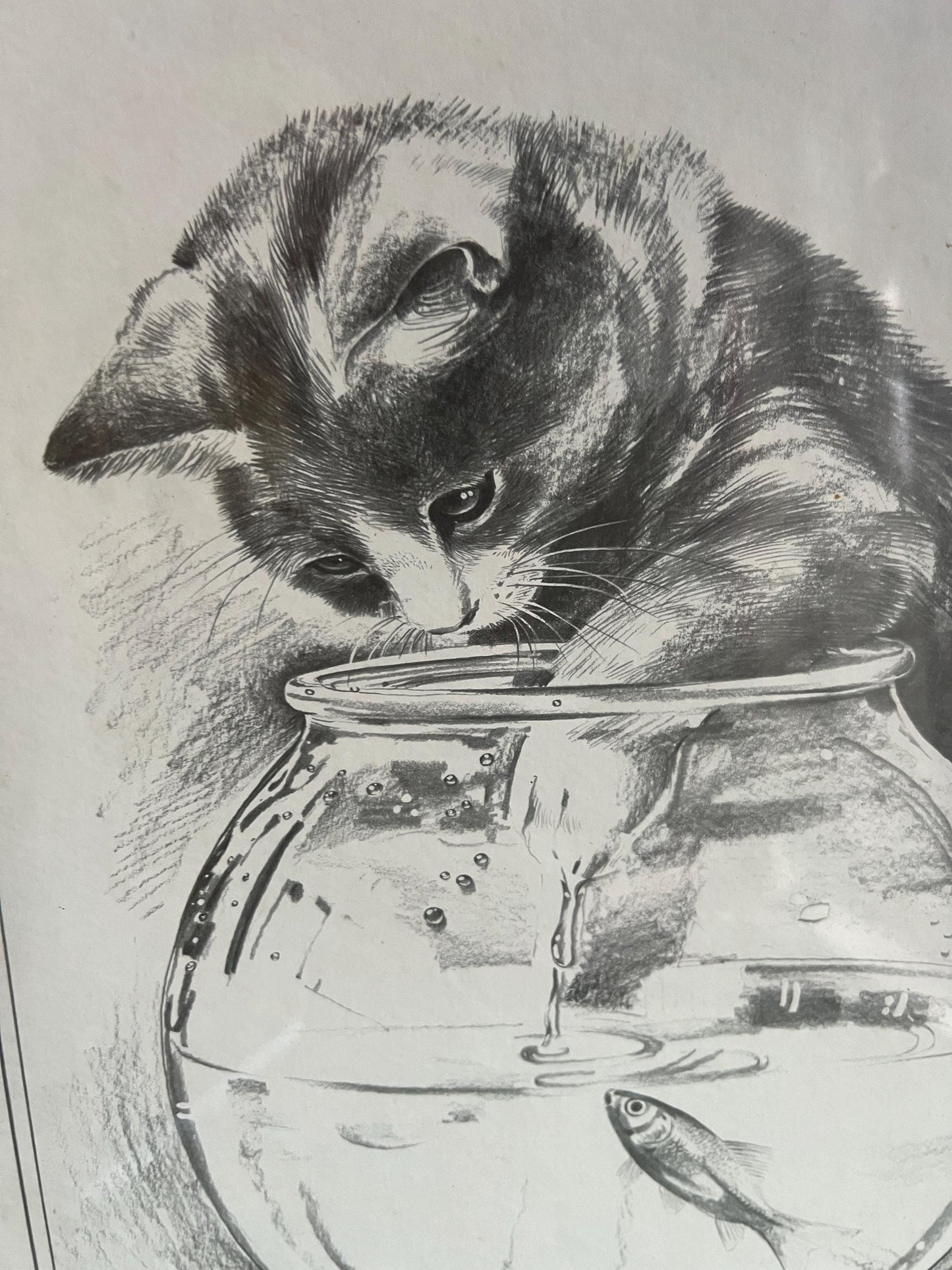 Framed print "Kitten At The Goldfish Bowl" signed Pollyanna Pickering. Gift for cat lover. Gallery wall decor.