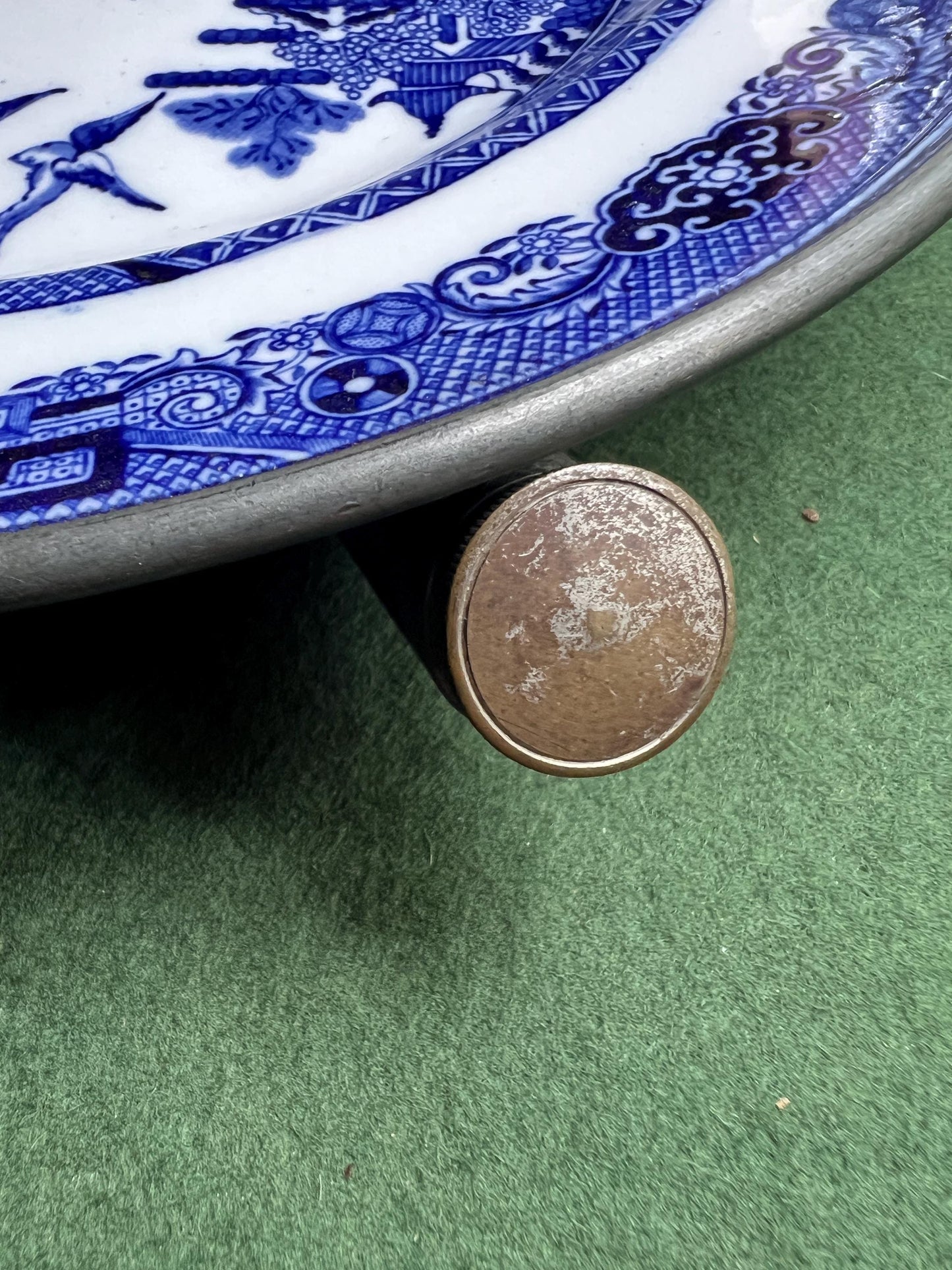 Vintage antique warming plate Blue willow design copper backed hollow plate.