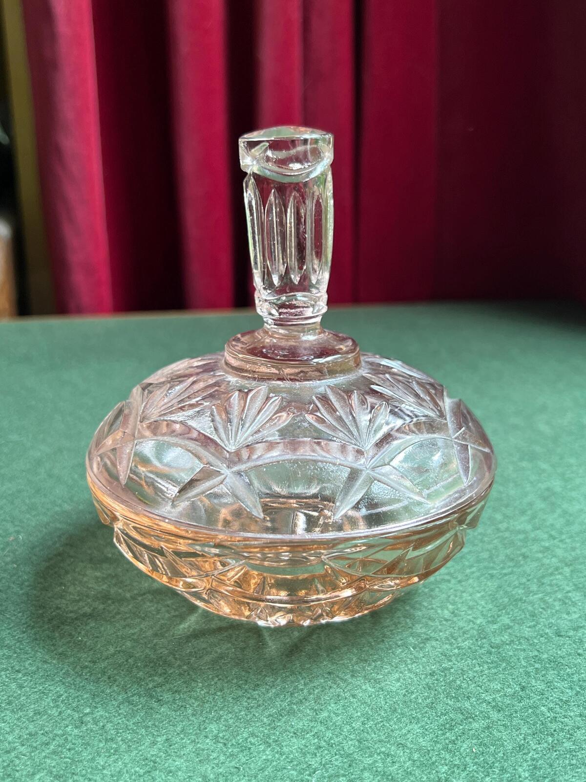 Pink depression glass lidded candy bowl. 1940s Dressing table trinket bowl.