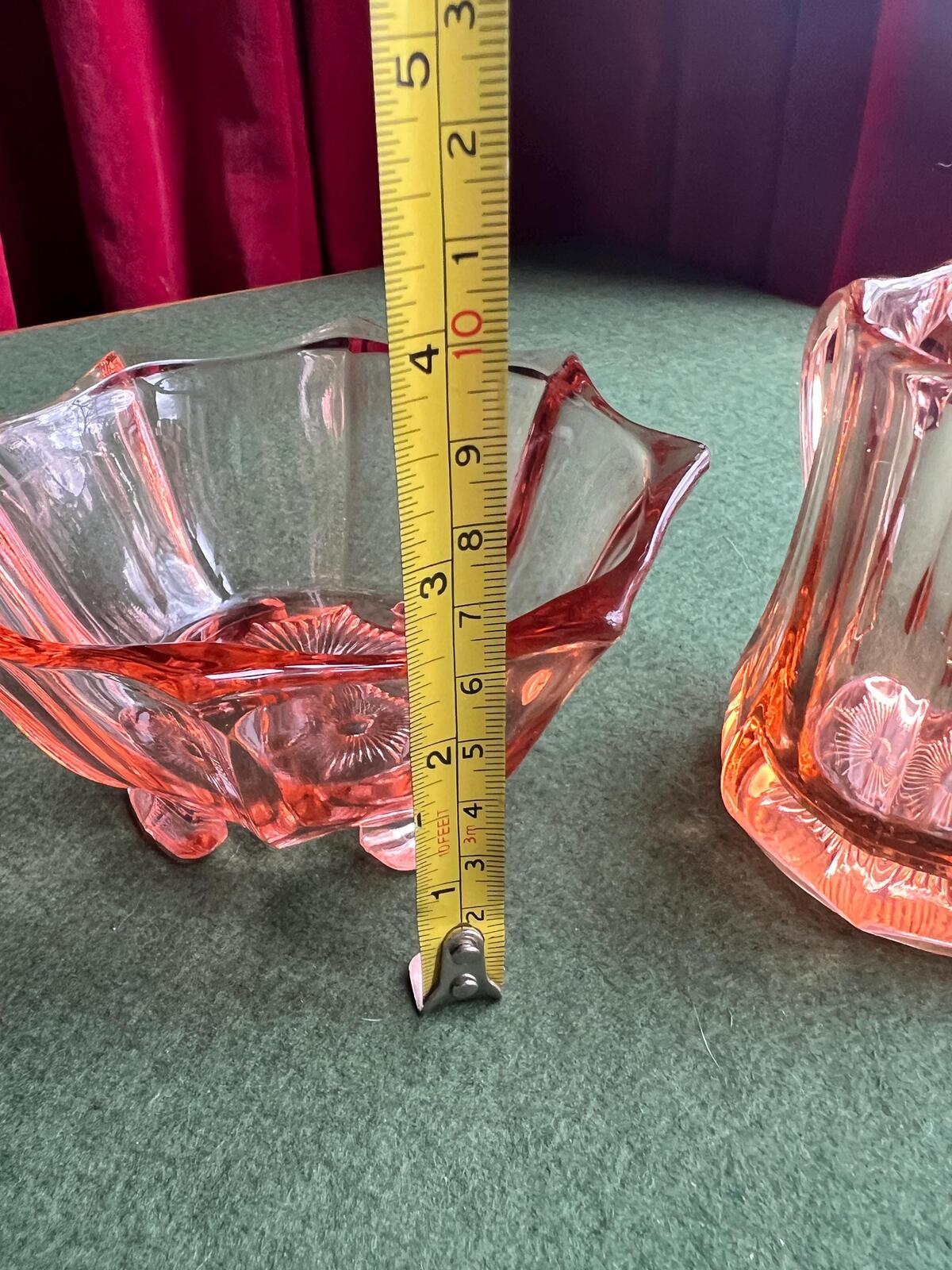 Vintage Art Deco pink depression glass creamer sugar set. Glass collector gift.