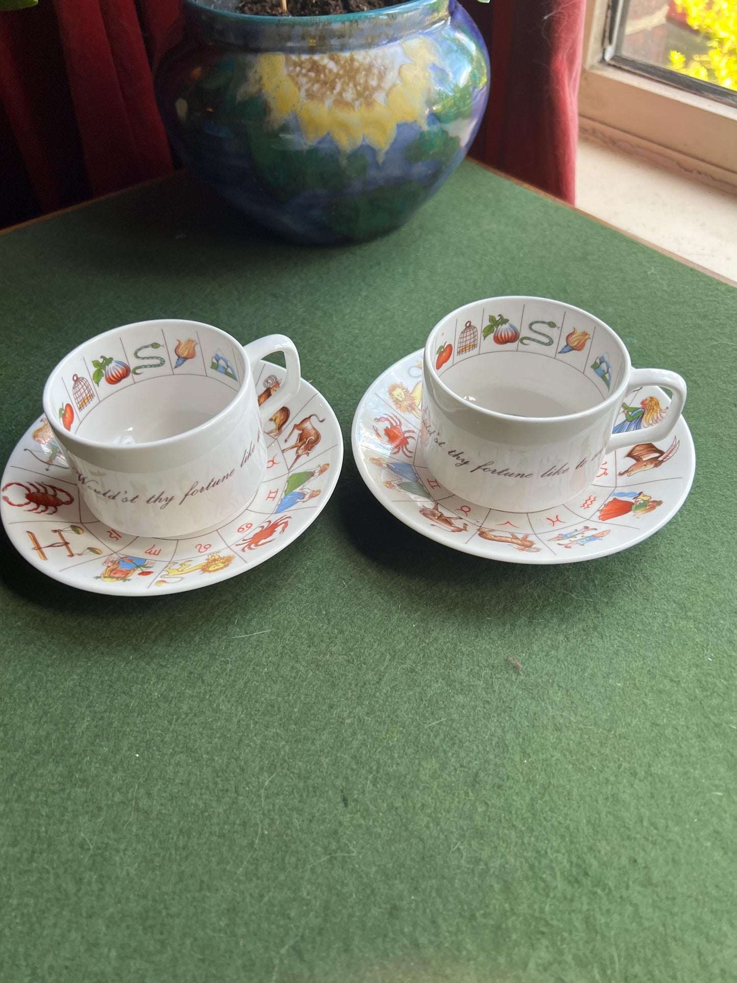 Vintage Fortune Telling Zodiac tea cup. Stamped Royal Kendal Fine Bone China 1985. 2 Available sold separately.