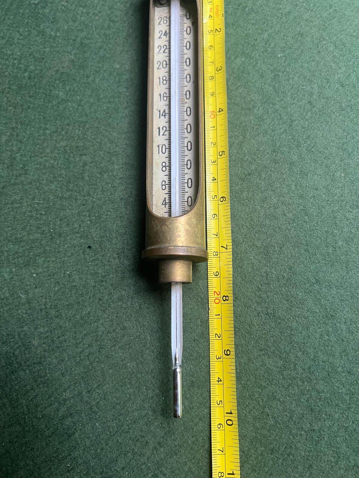 Vintage industrial brass thermometer gauge. Boiler engine temperature measurer. Scientific instrument collector gift.
