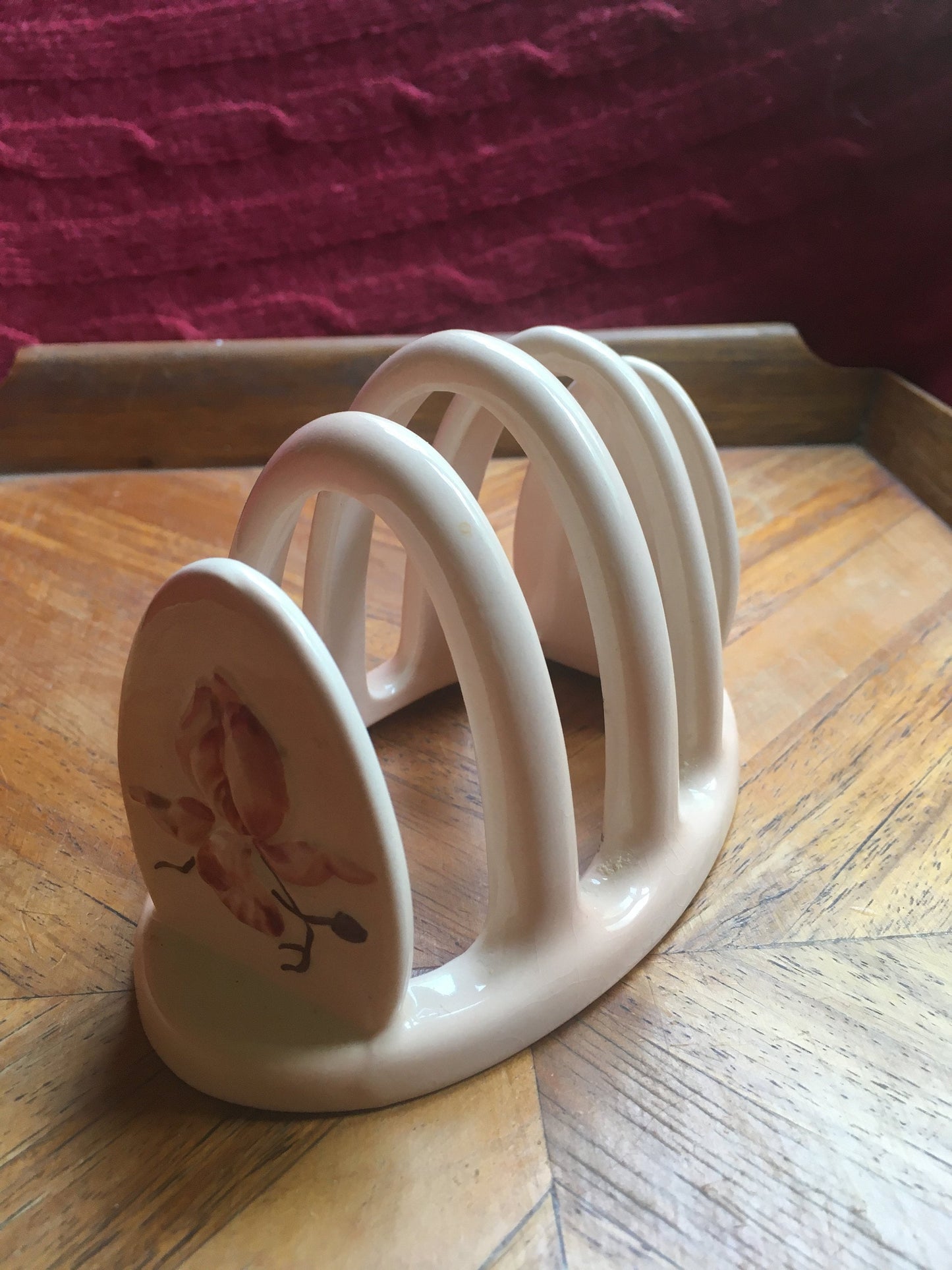 Carlton Ware pink ceramic toast rack. Pink raised flower detail. Stamped.