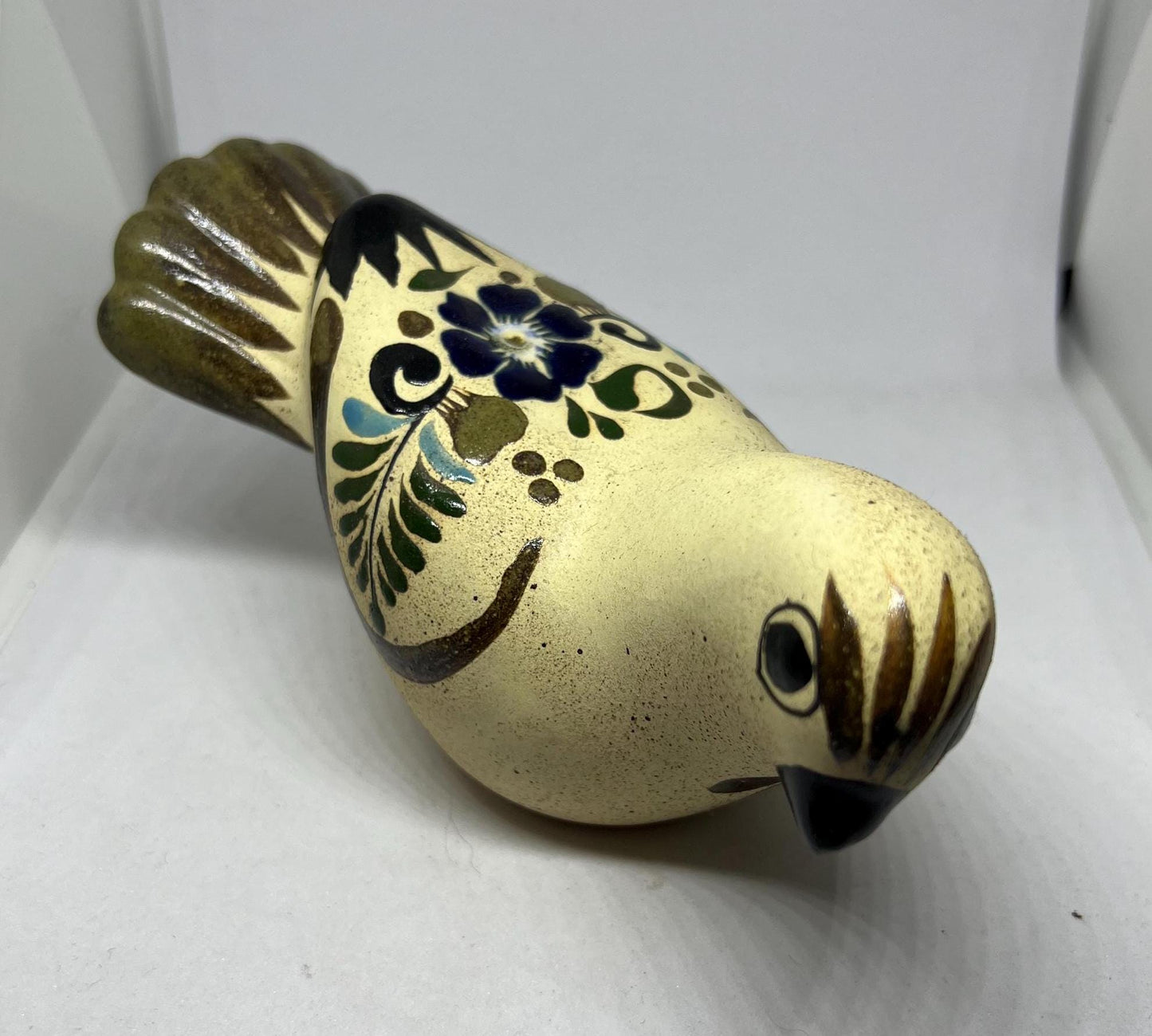 Tonala Mexico stone ware hand painted bird ornament Signed RS Mexico.