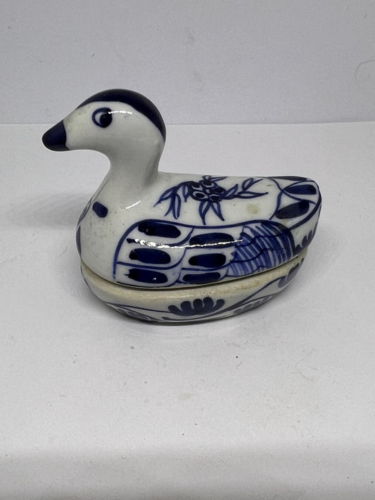 Miniature duck trinket box Blue white ceramic tiny duck.