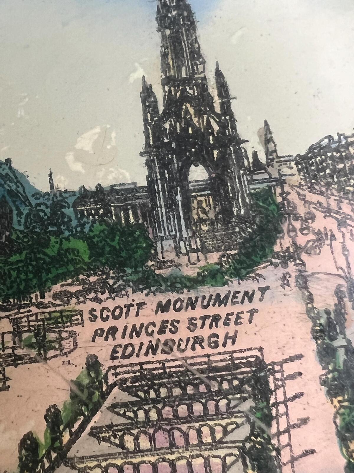 Victorian souvenir paperweight. Photographic Scott Monument Edinburgh scene. Antique home decor lover gift.