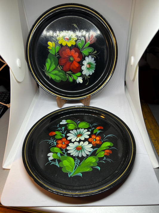 Vintage Russian Tole ware metal plates. Russian folk art floral plates.