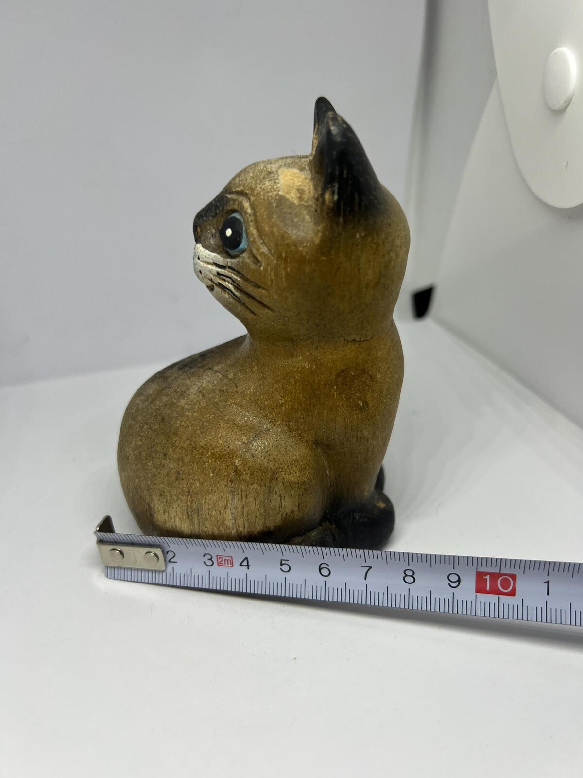 Vintage hand carved wooden cat figurine. Naive Folk art hand painted quirky kitten.
