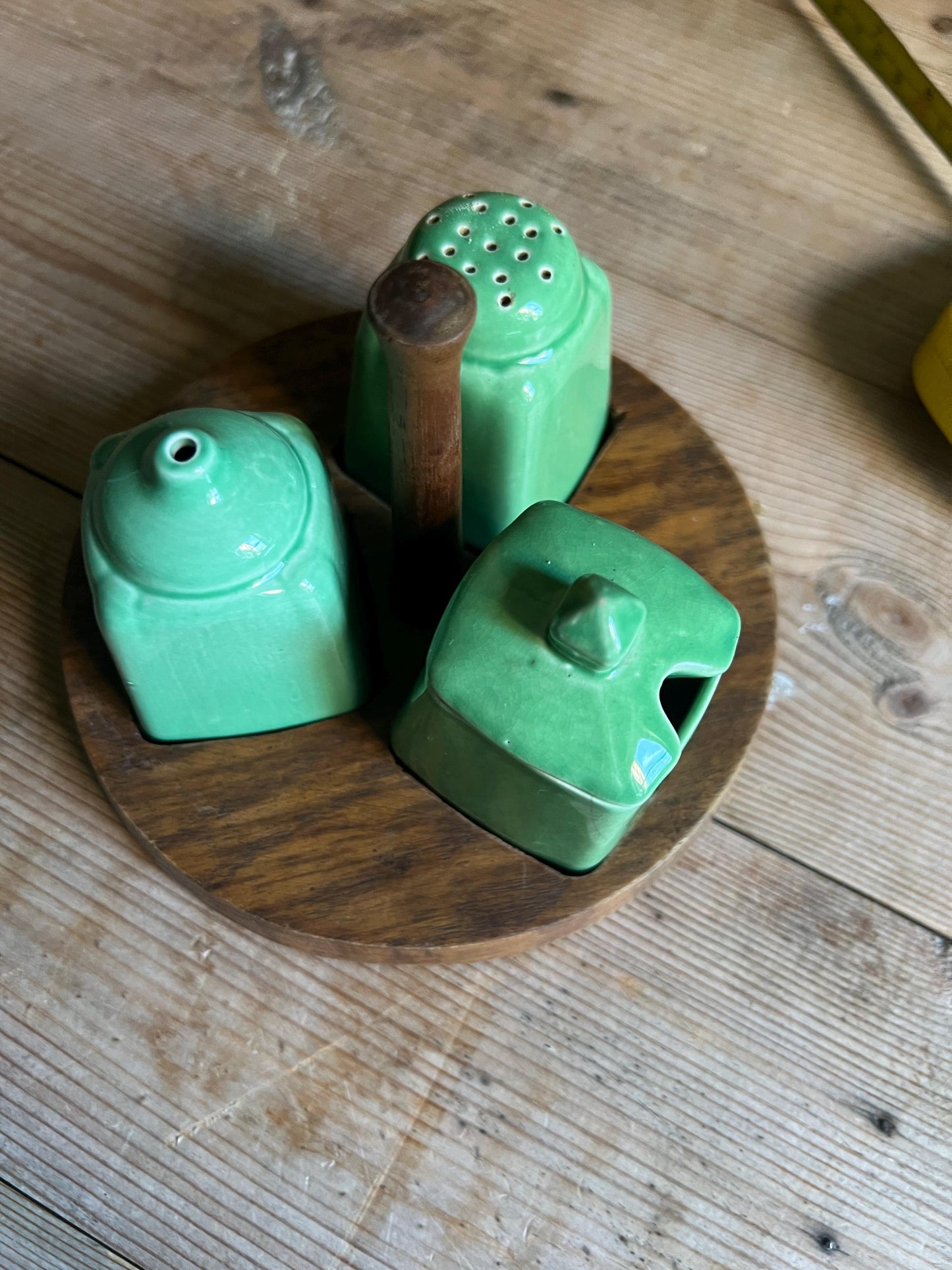 Vintage cruet set Green glaze salt pepper mustard pot on teak holder. Blackfriars Ware stamp.