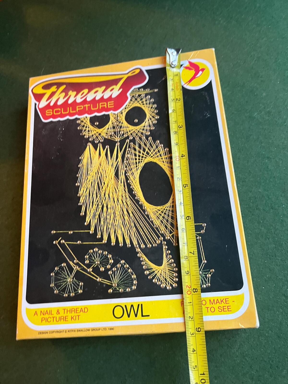 Vintage Owl string art kit. 1990s Kitfix Swallow Group Ltd. "Thread Sculpture" nail and thread picture kit.