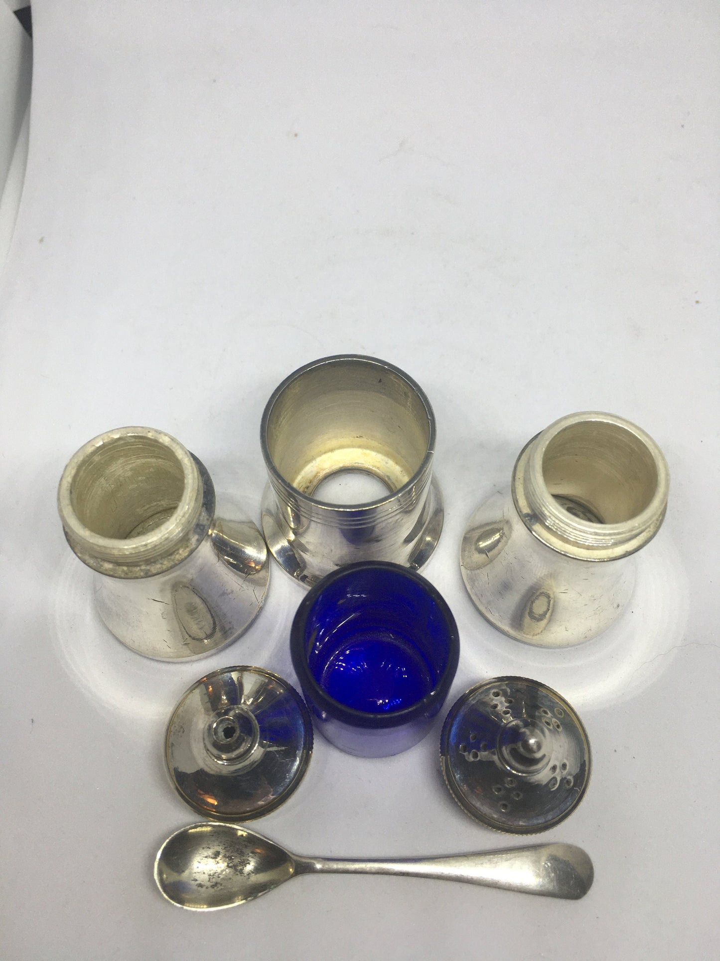 Vintage Cruet set, Small silver plated salt pepper mustard cruet set with tiny spoon.