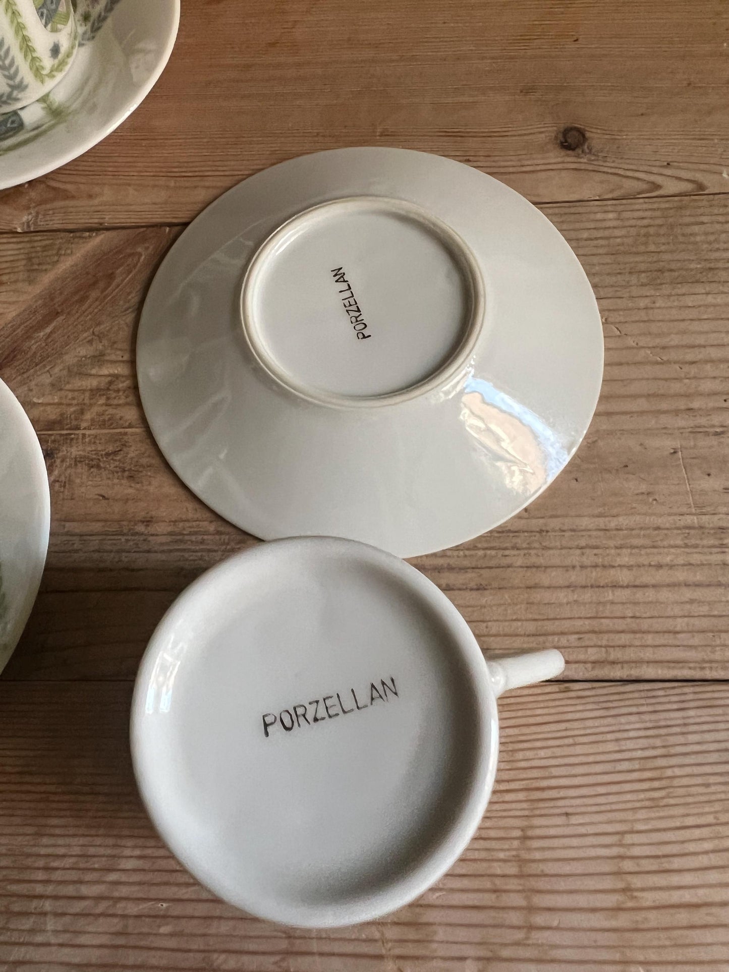 Set of 6 espresso cups saucers. Retro Pink green quirky rooster design. Marked Porzellan.