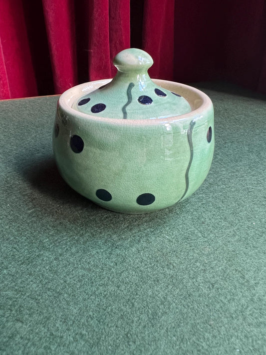 Vintage lidded sugar bowl. Green spotty trinket pot. Studio pottery watermelon style decorative pot.