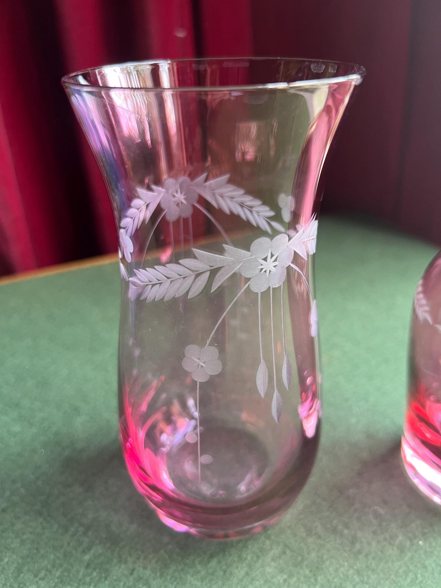 Bohemian Cranberry glass cut to clear decorative posy vase. 2 available.