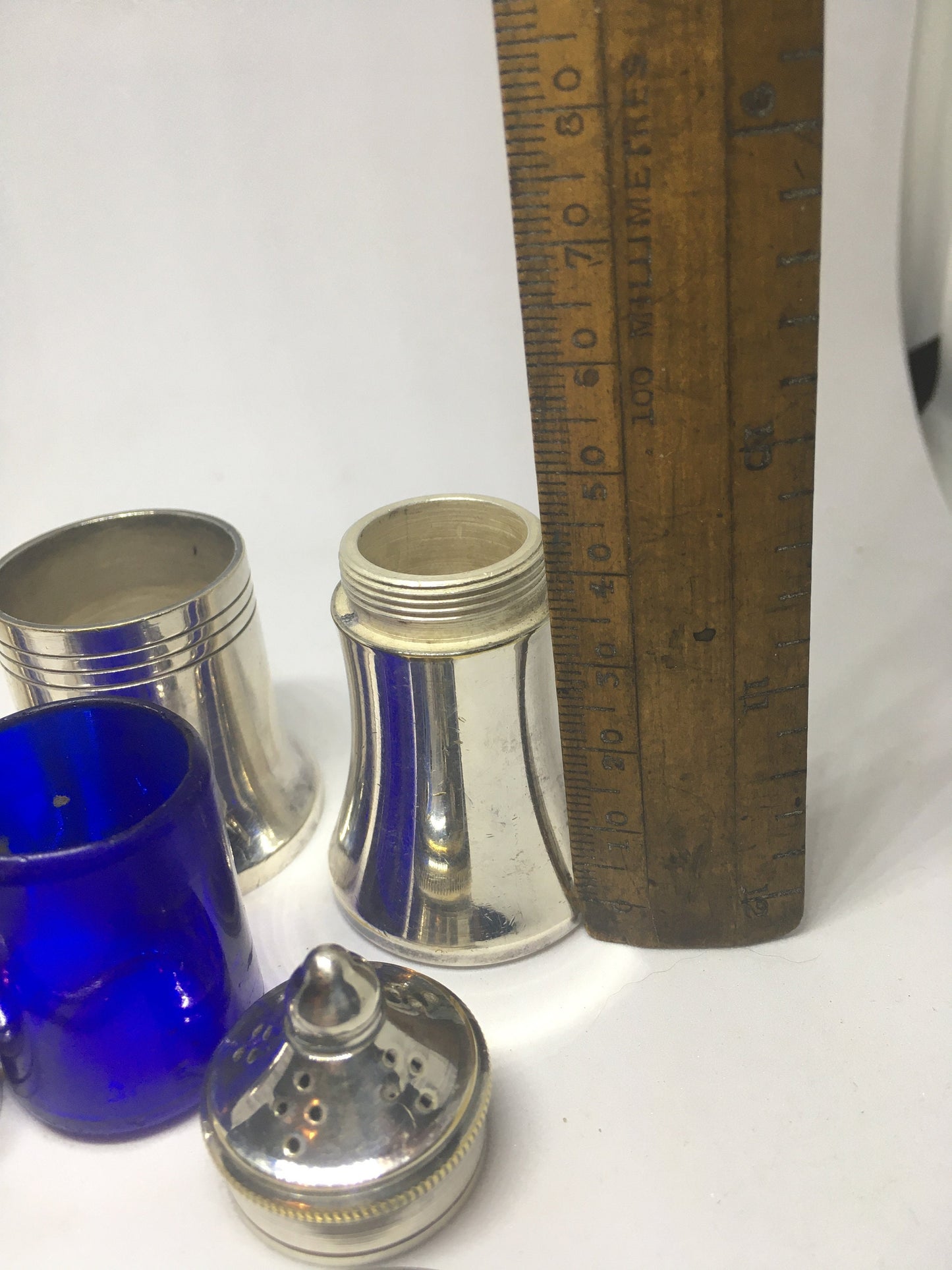 Vintage Cruet set, Small silver plated salt pepper mustard cruet set with tiny spoon.