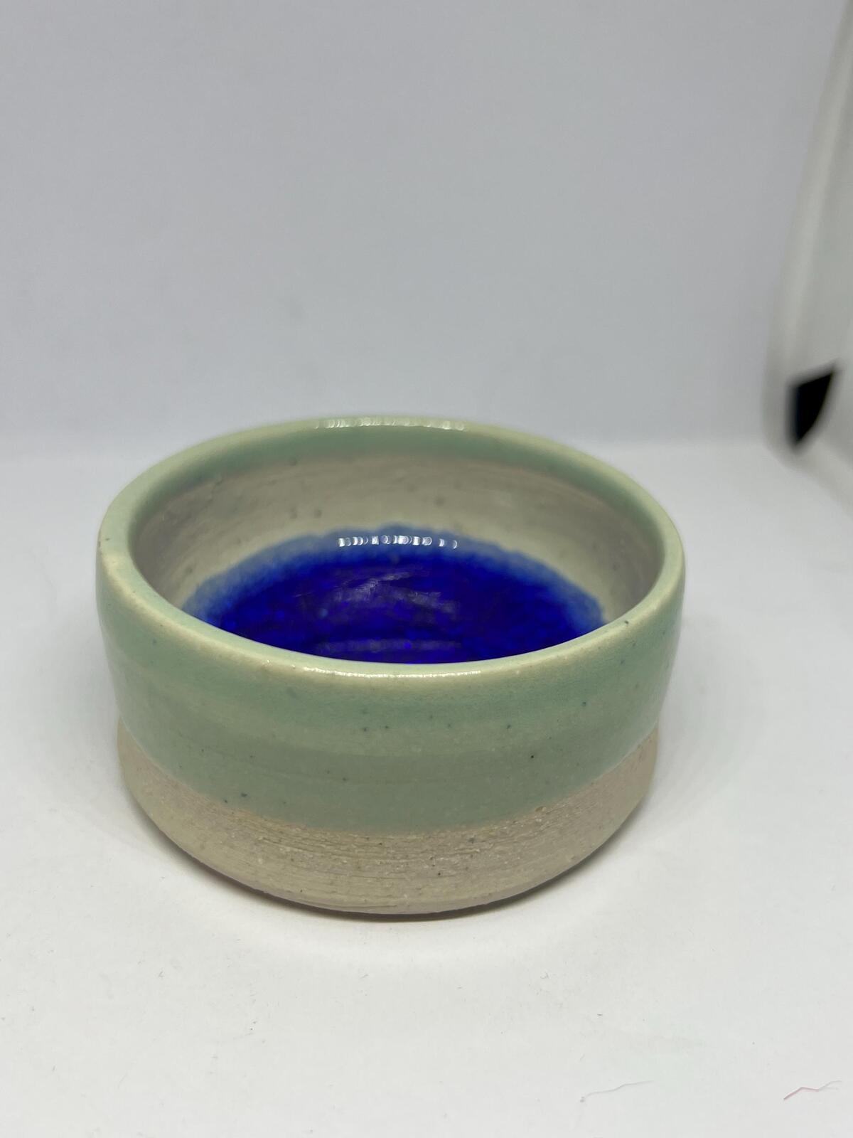 Studio pottery trinket dish. Blue Crackle glass glaze ring dish.