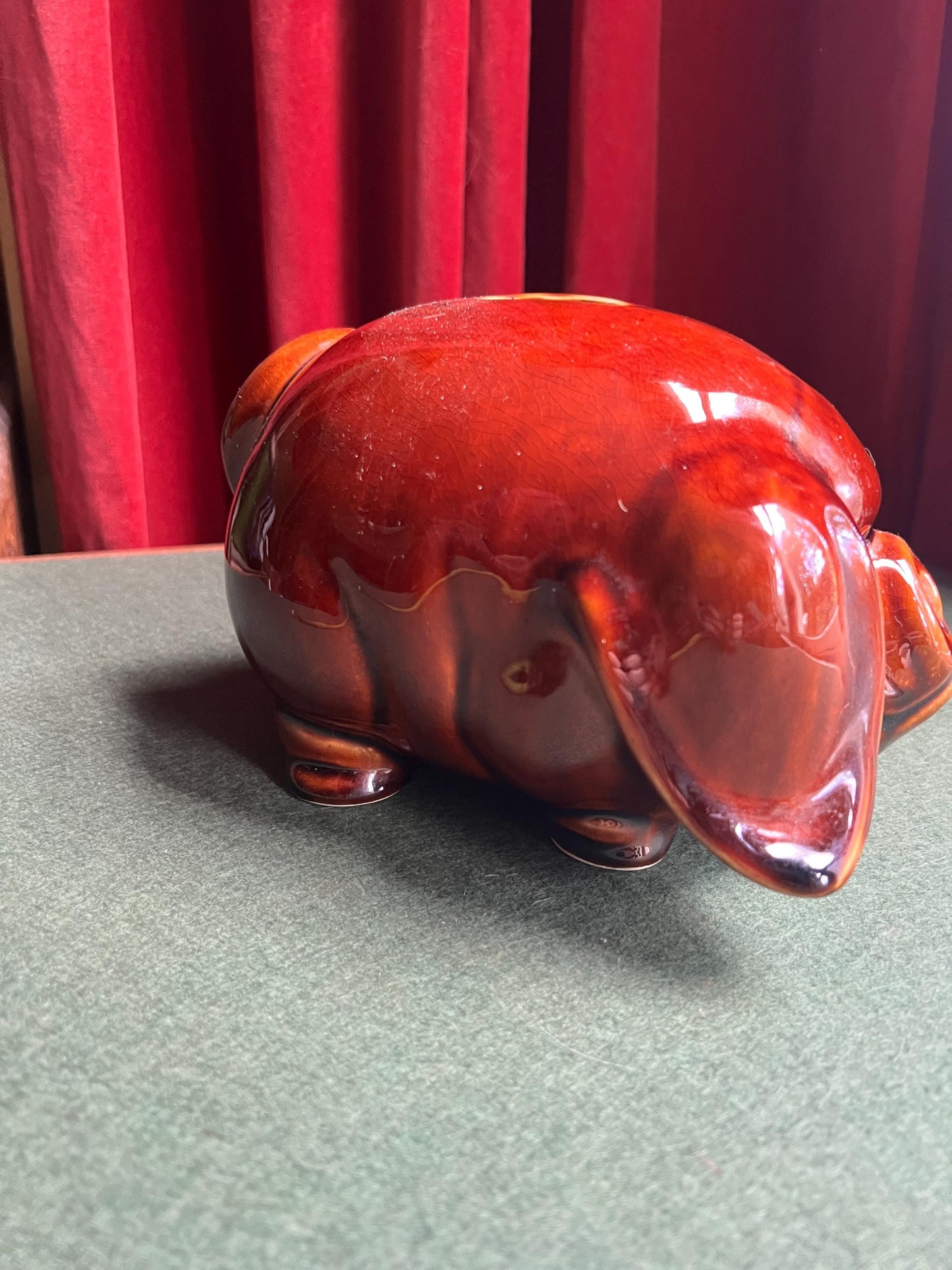 Vintage Piggy Bank 1970s treacle glaze grumpy faced pig figurine. Dartmouth Pottery.