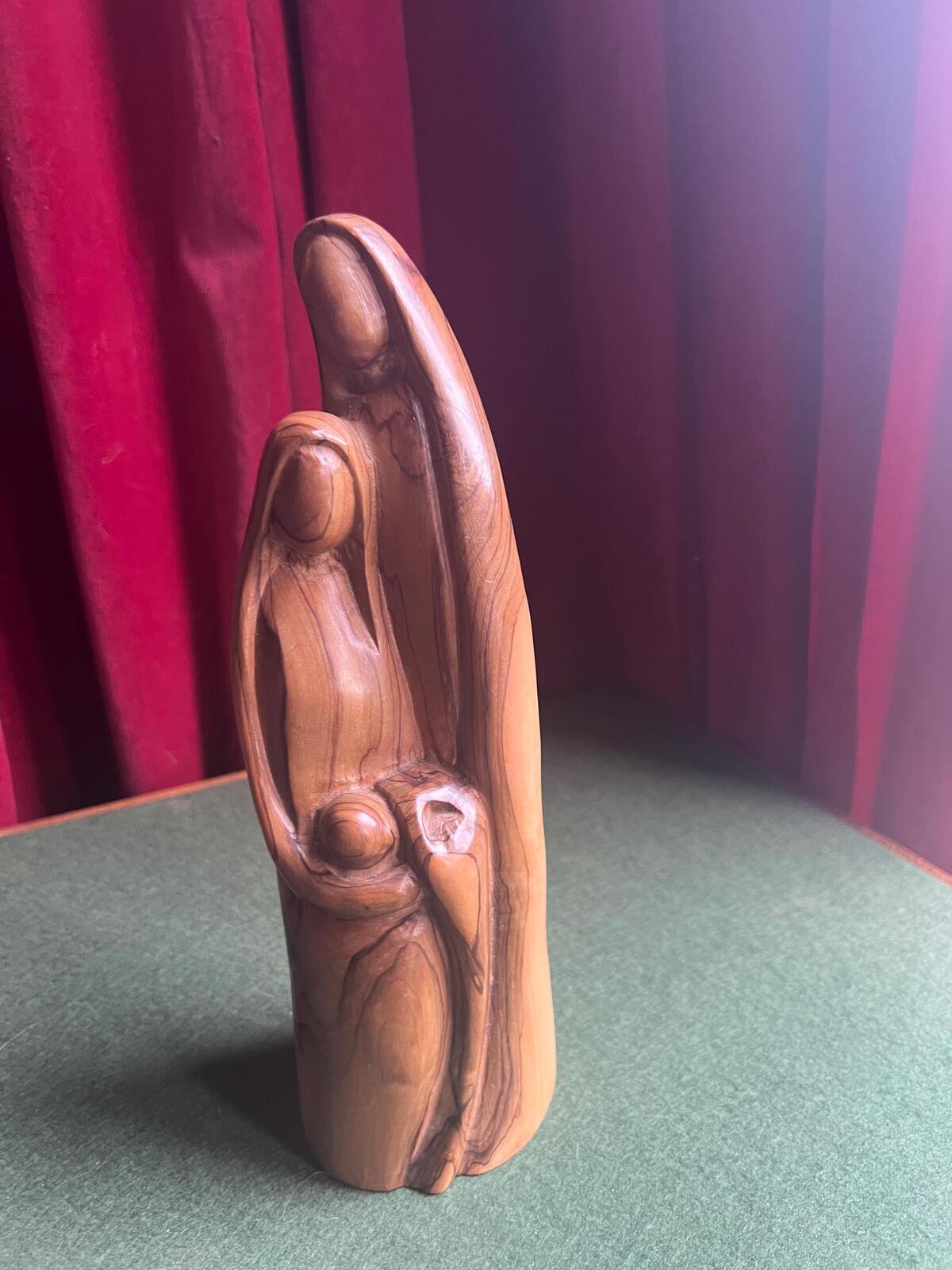 Vintage statue of the Holy Family. Abstract Joseph, Mary, baby Jesus. Hand-carved olive wood. Holy Land carving.