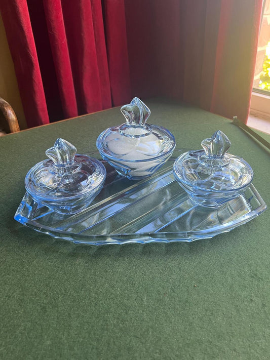 Vintage ice blue glass vanity set. Sowerby pressed glass tray 3 powder box set. Art Deco home decor.