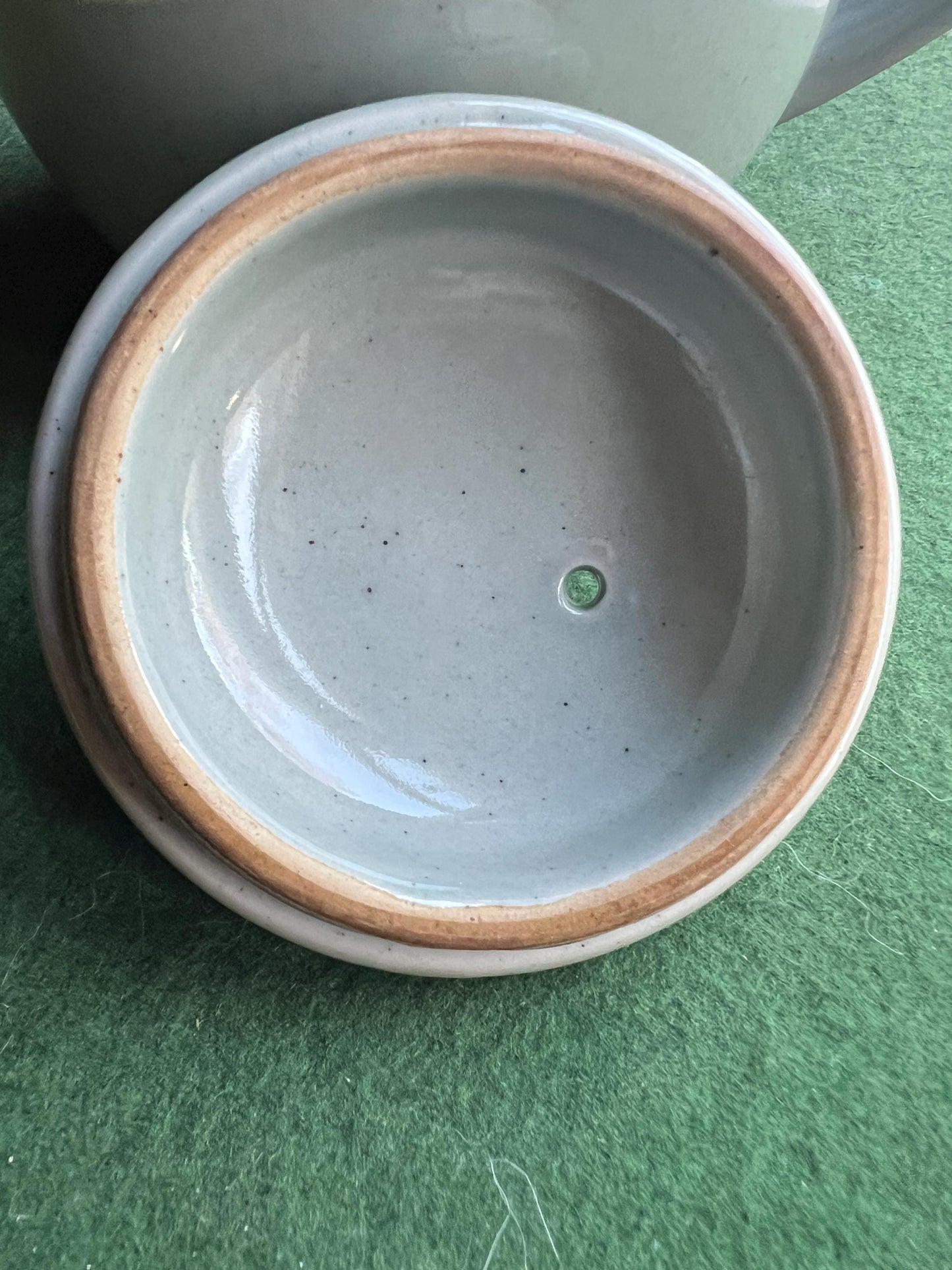 Pot bellied celadon glazed tea coffee pot. Speckled duck egg blue. Stamped Highland Stoneware Scotland.