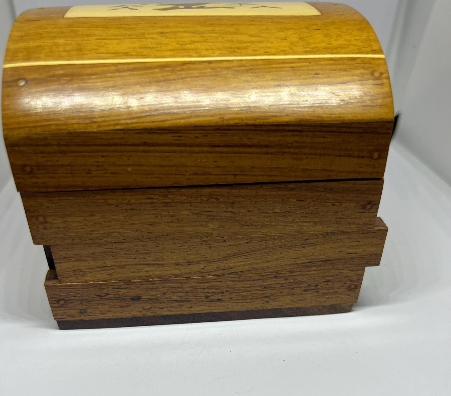 Wooden lidded secret lock treasure box. Inlaid marquetry bird themed domed jewellery box.