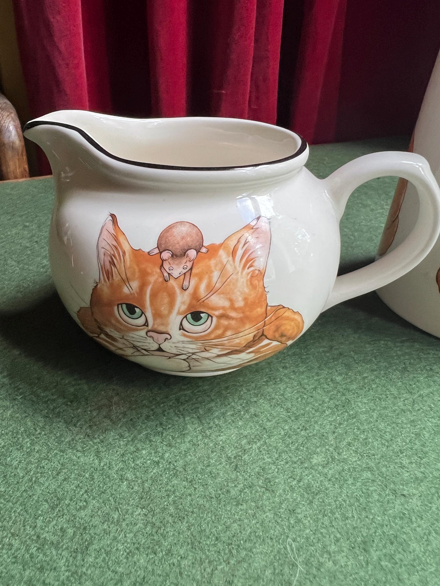 Vintage Arthur Wood milk jug and water jug, Cat and mouse design. Back to front ginger tabby cat with brown mouse. Sold Separately.