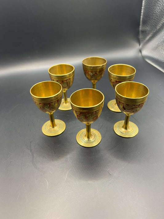 Set of 6 brass decorative etched red enamel stemmed port sherry goblets.