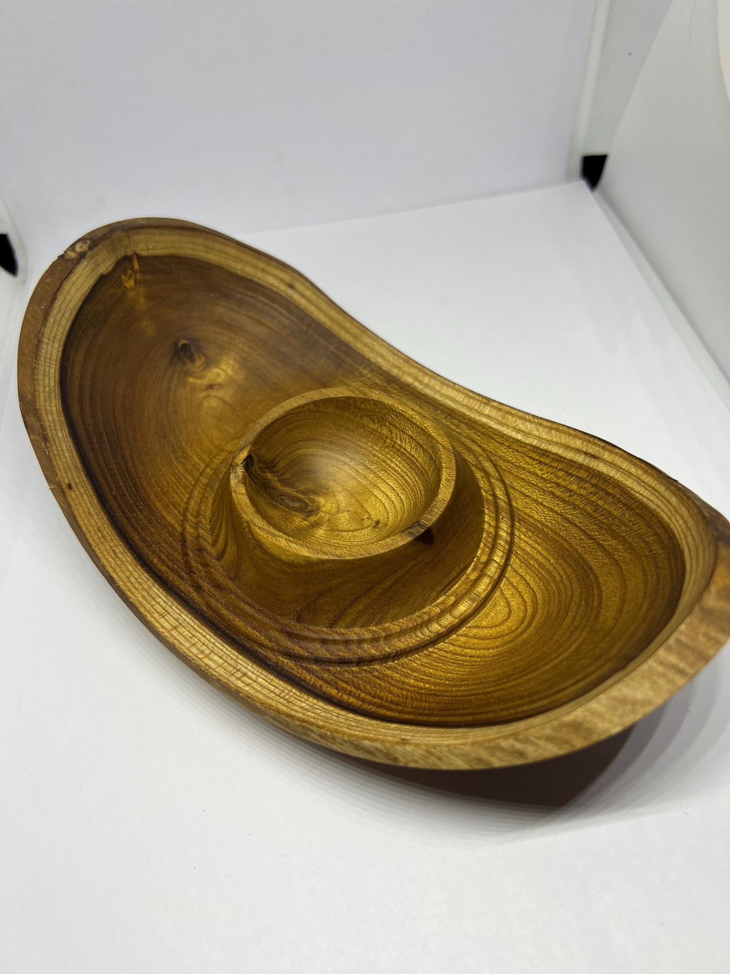 Unique hand turned wooden U shaped olive bowl.