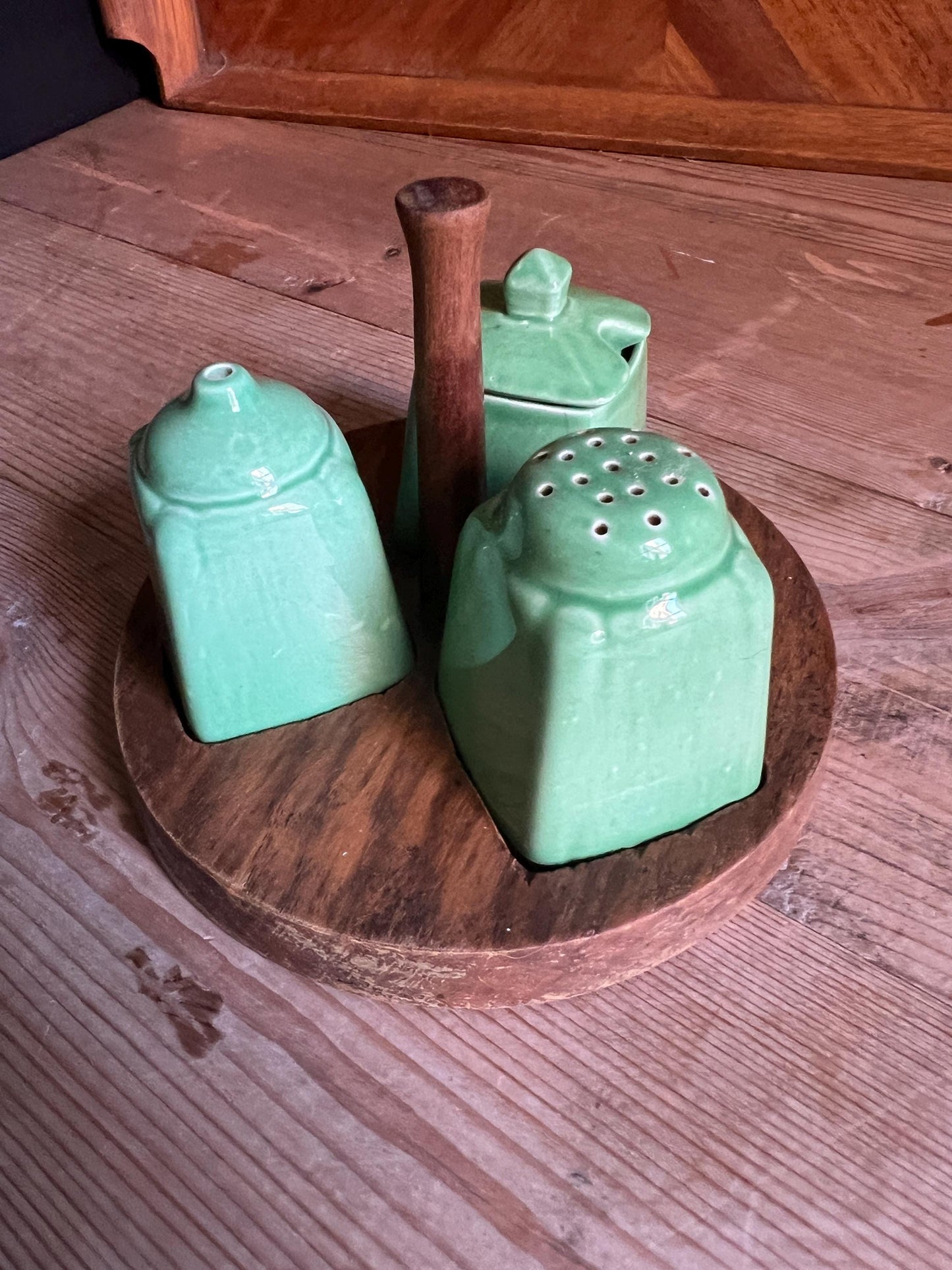 Vintage cruet set Green glaze salt pepper mustard pot on teak holder. Blackfriars Ware stamp.