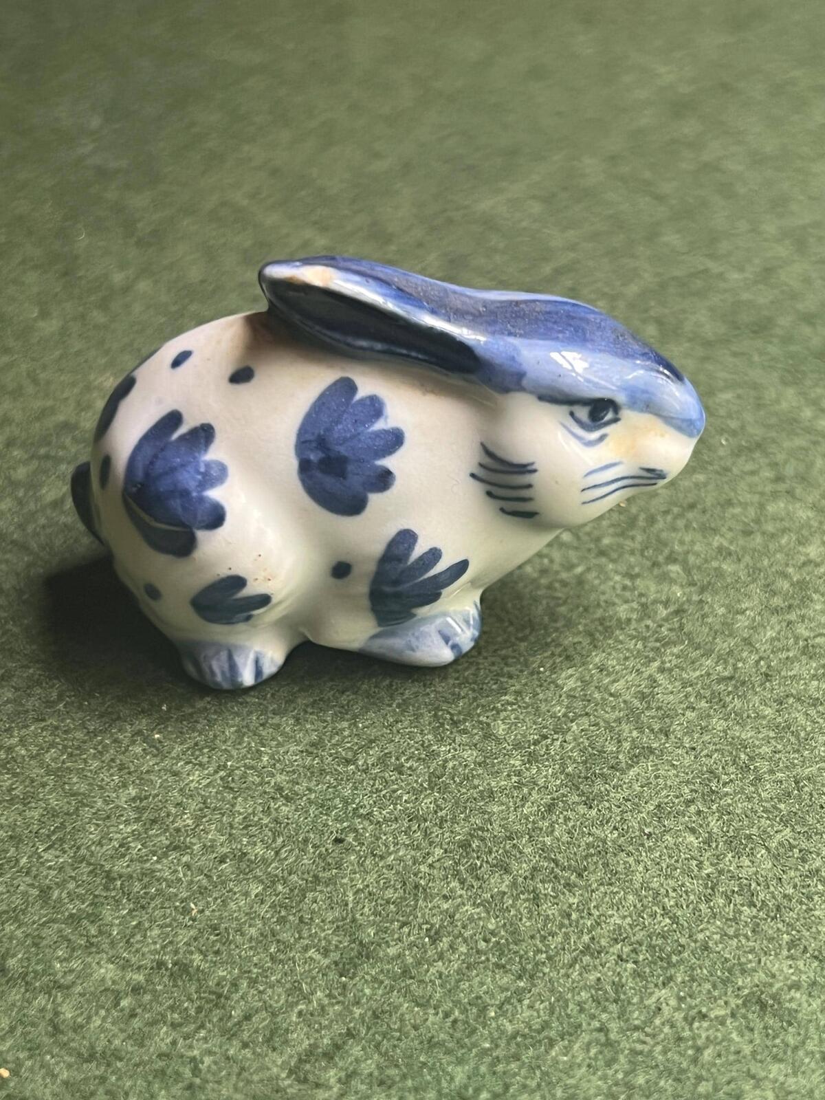 Miniature rabbit figurine. Blue white Delft style ceramic bunny.