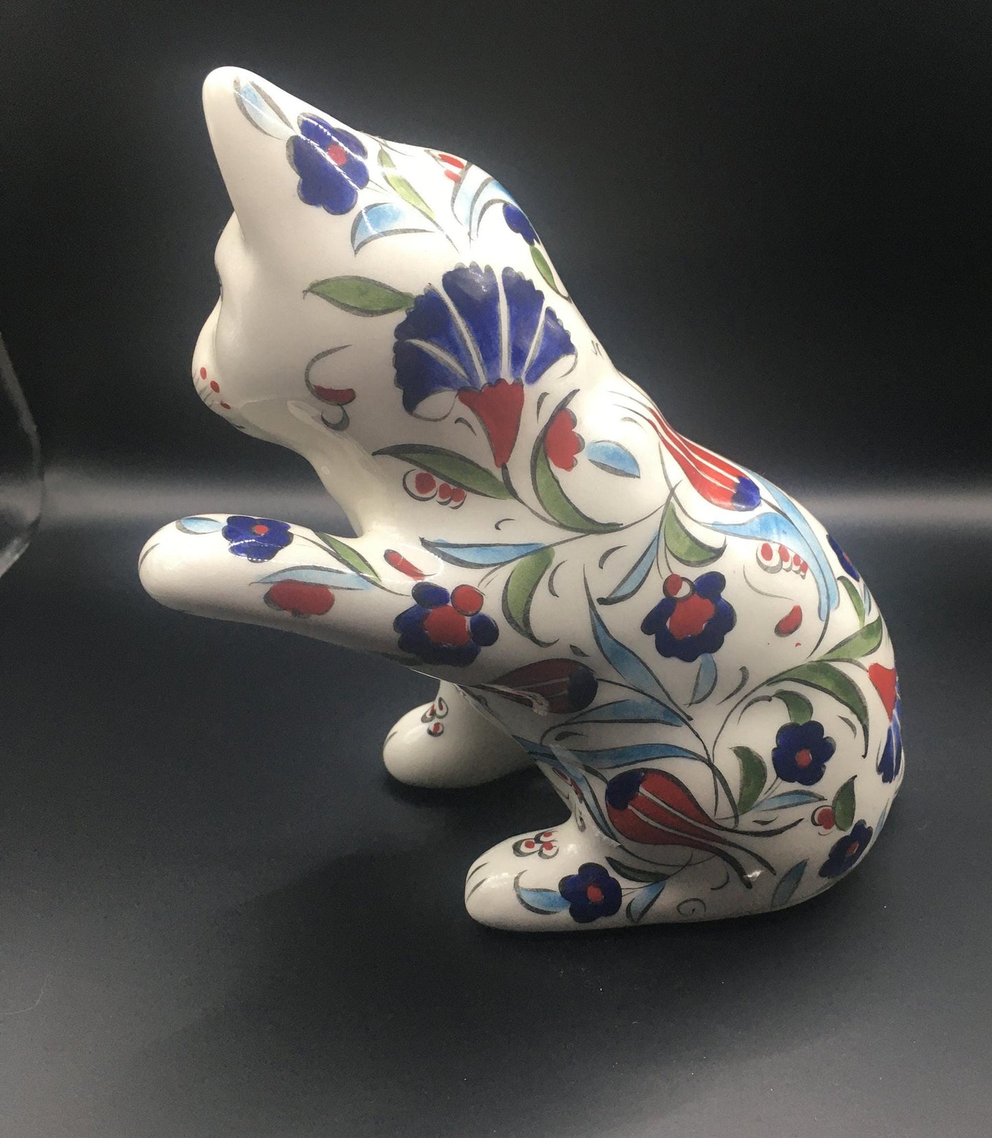 Pair of ceramic hand painted floral playful cat figurines. Signed Hand Made Türkiye.
