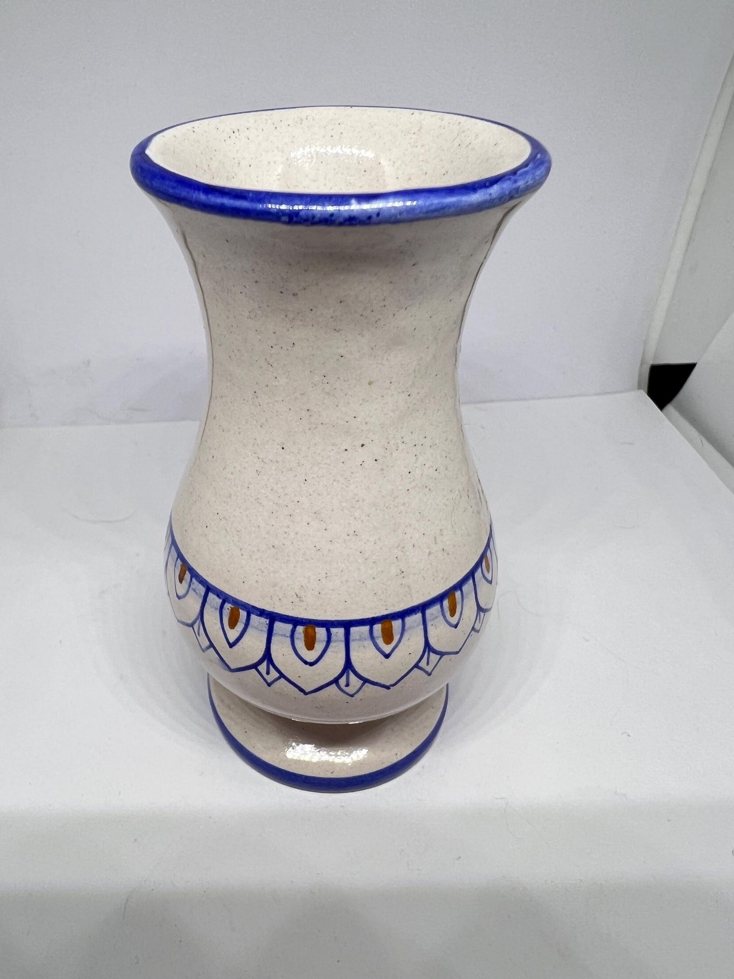 Miniature blue white ceramic vase. Spanish Signed to base Dip - A Mano.