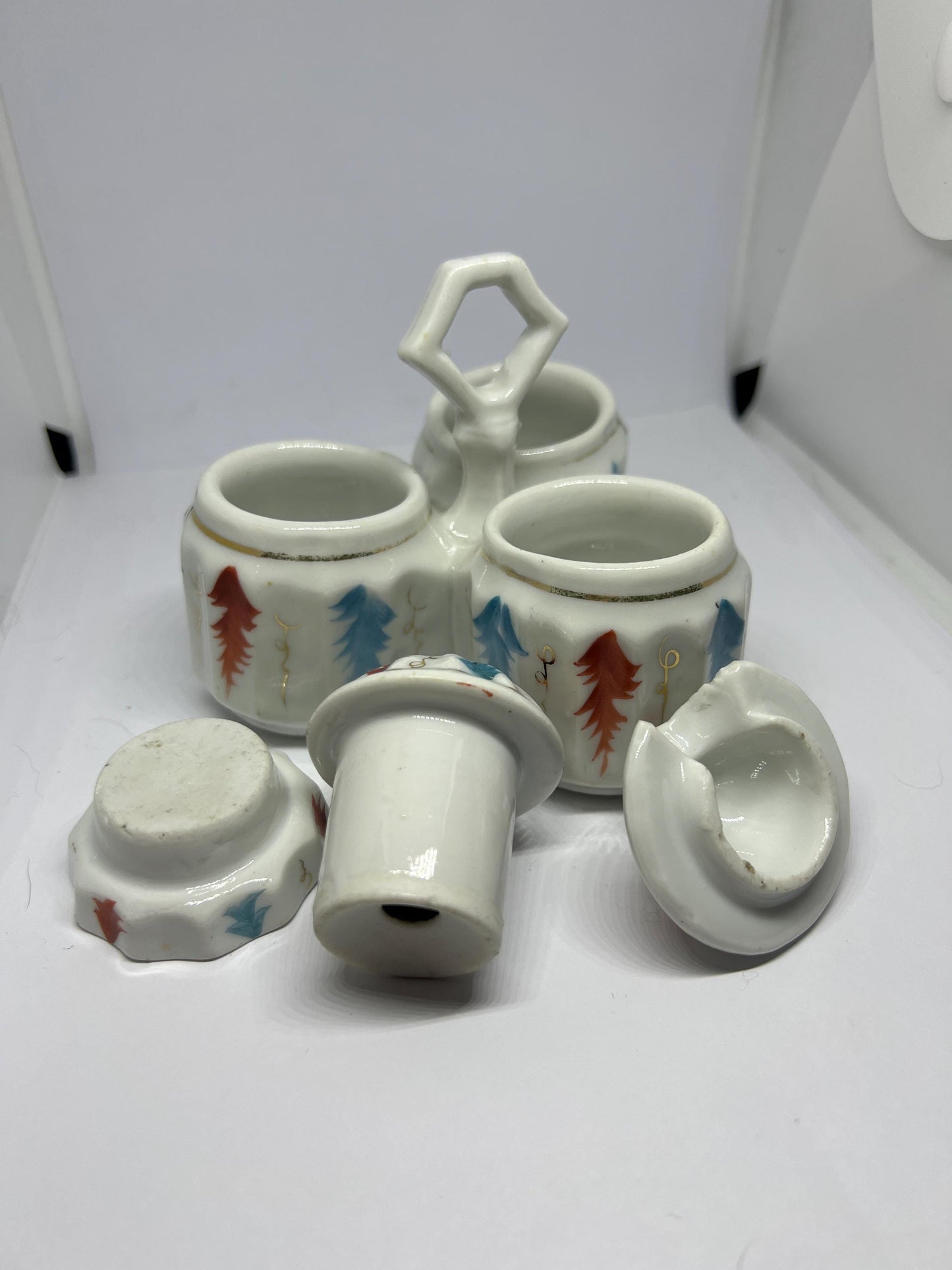 3 part lidded Salt pepper mustard trio.