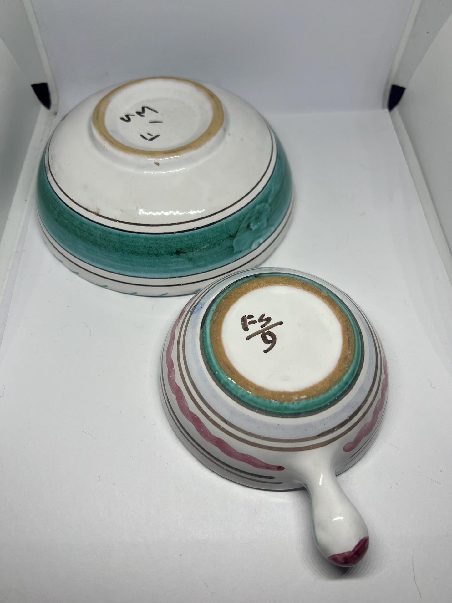 Vintage Italian Olive oil bowl and handled sauce dish. Cockerel Rooster Italian Majolica