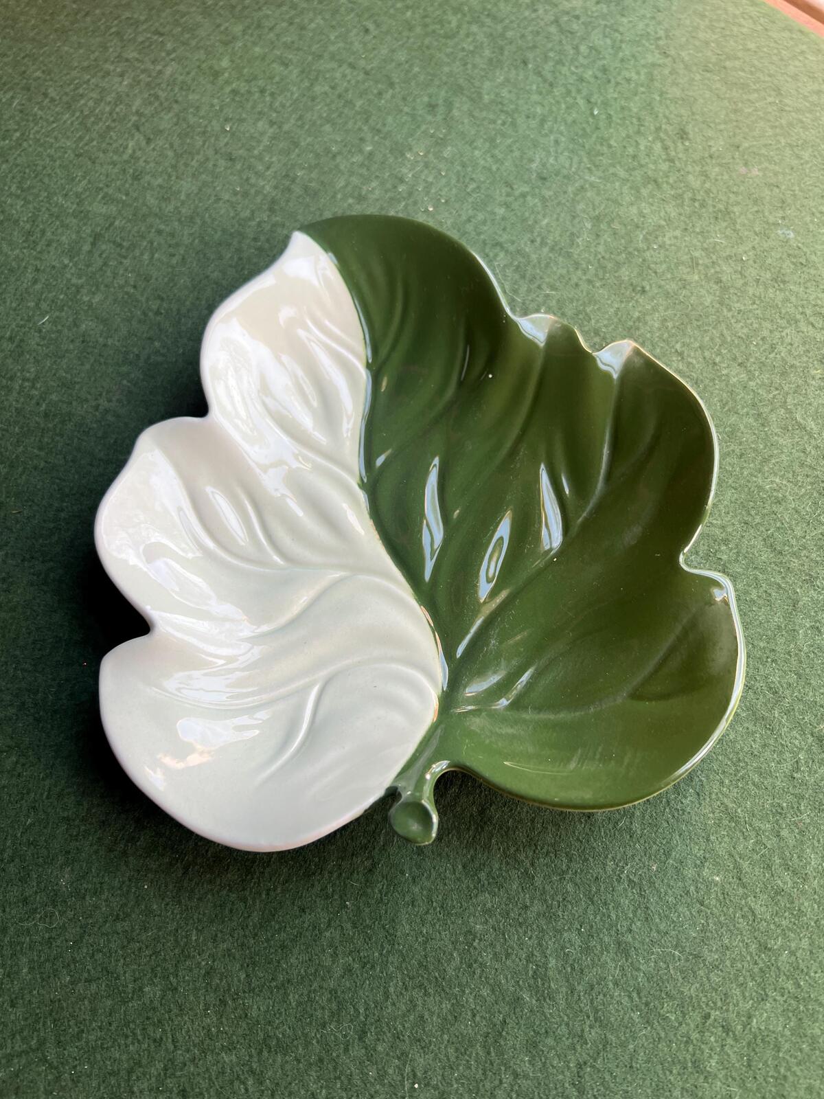 Vintage Carlton Ware leaf dish. Half green half white glazed trinket ring dish.