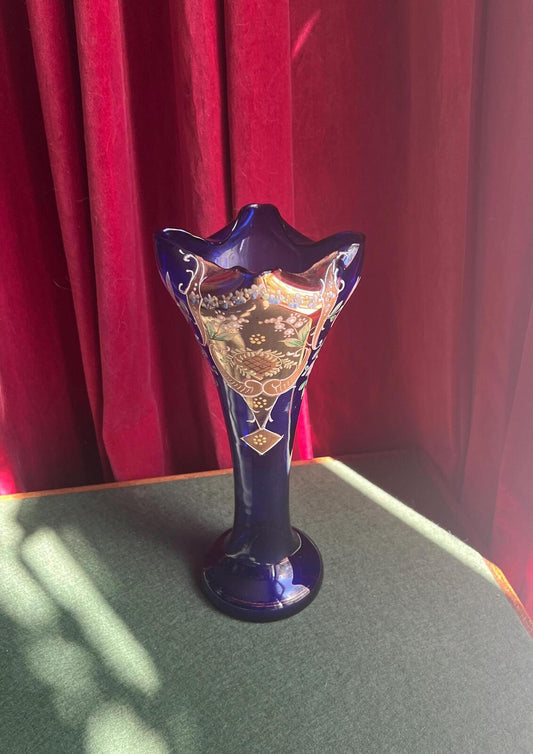 Vintage Bohemian cobalt blue art glass vase. Hand-painted enamel and gilt decoration hand blown. Art Nouveau style home decor.