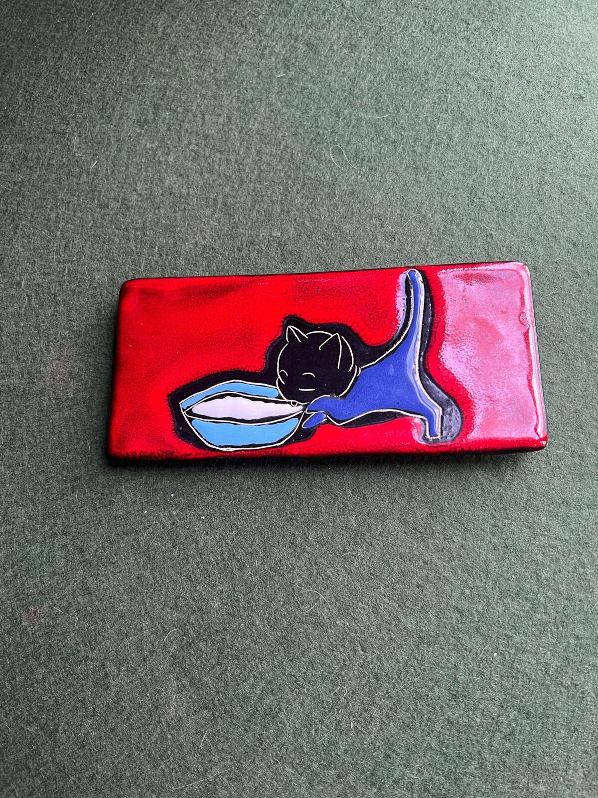 Raku pottery cat wall tile. Black kitten theme on red ceramic tile. Gallery wall decor.