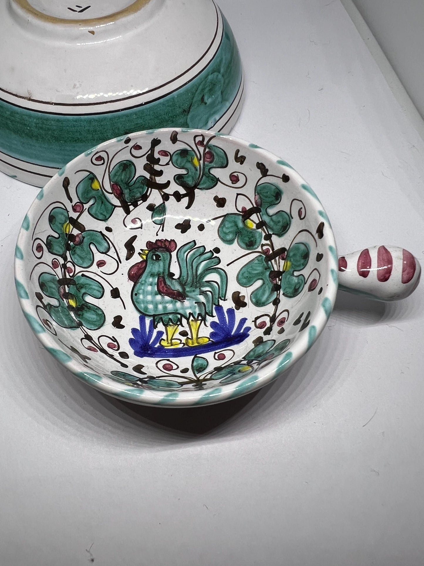 Vintage Italian Olive oil bowl and handled sauce dish. Cockerel Rooster Italian Majolica