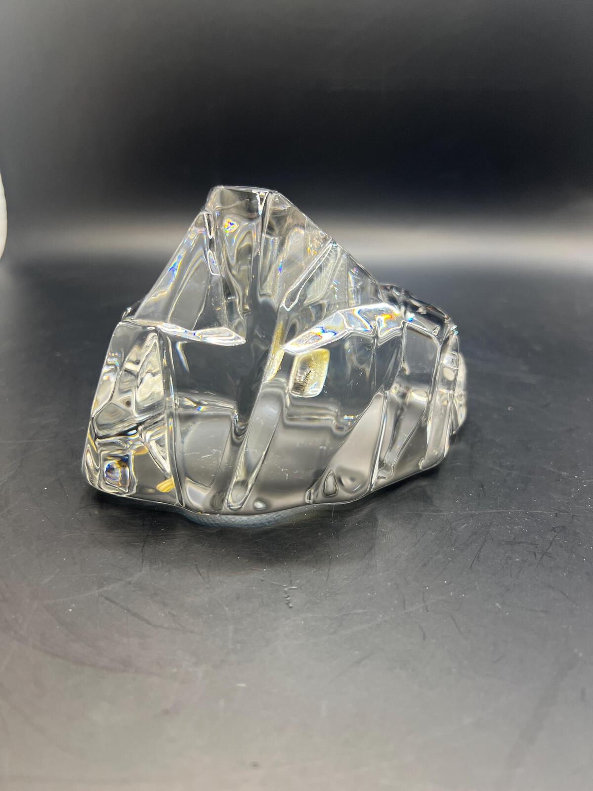 Crystal iceberg paperweight with pen bud hole. Solid clear Val St Lambert style glass sculpture.